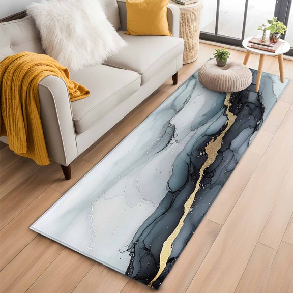 Area Rug 2x6ft Abstract Ombre Black Grey Marble Area Rugs Washable Low Pile Floor Carpet for Bedroom, Modern Texture Seamless Non Slip Soft Rugs for Living Room Entryway Dining Room
