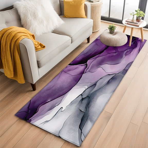 Area Rug 2x6ft Abstract Purple Gray Ombre Area Rugs Washable Low Pile Floor Carpet for Bedroom, Gradient Marble Modern Art Non Slip Soft Rugs for Living Room Entryway Dining Room
