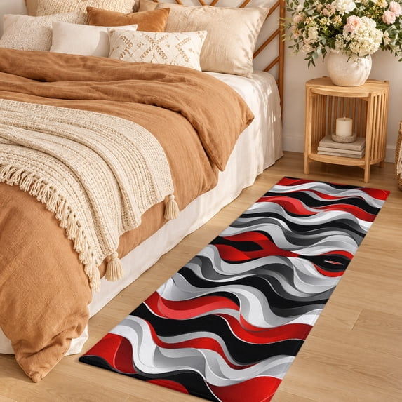 Area Rug 2x6ft Abstract Red Black Distort Striped Low Pile Washable Rug ...