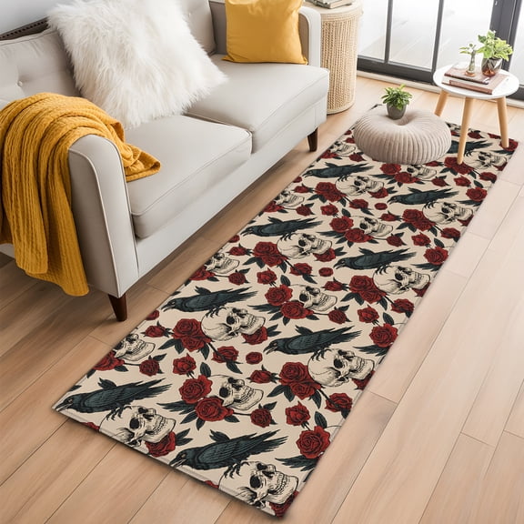 Area Rug 2x6ft Abstract Skull Crow Red Flower Area Rugs Washable Low Pile Floor Carpet for Bedroom, Retro Halloween Skeleton Non Slip Soft Rugs for Living Room Entryway Dining Room