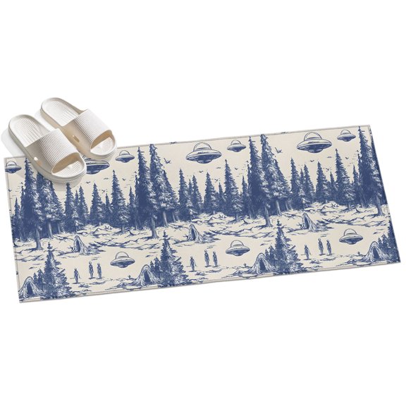 Area Rug 2x6ft Abstract UFO Forest Area Rugs for Kitchen Runner Rug Blue Painting Non Slip Floor Carpet Mat for Kitchen Entryway Bathroom Office Home Decor