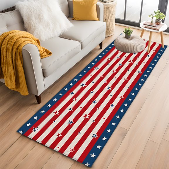 Area Rug 2x6ft America Independence Day Stars on Stripe Area Rugs Washable Low Pile Floor Carpet for Bedroom, USA Flag Red Blue White Non Slip Soft Rugs for Living Room Entryway Dining Room