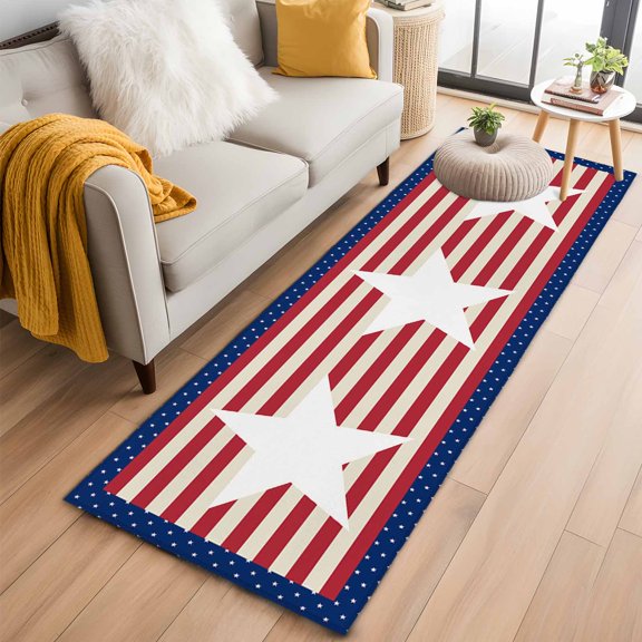 Area Rug 2x6ft American Star on Retro Stripes Area Rugs Washable Low Pile Floor Carpet for Bedroom, USA Independence Day Non Slip Soft Rugs for Living Room Entryway Dining Room