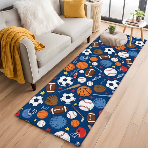 Area Rug 2x6ft Basketball Baseball Football Area Rugs Washable Low Pile Floor Carpet for Bedroom, Energetic Sports Theme on Blue Non Slip Soft Rugs for Living Room Entryway Dining Room