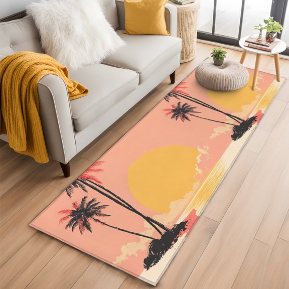 Area Rug 2x6ft Beach Palm Tree Sunset Scene Area Rugs Washable Low Pile Floor Carpet for Bedroom, Retro Summer Ocean Non Slip Soft Rugs for Living Room Entryway Dining Room