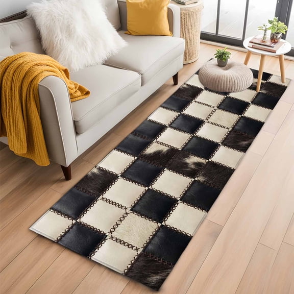 Area Rug 2x6ft Black Animal Fur Carpets Indoor Floor Area Mat Washable Entrance Mat Rugs for Living Room Dining Room Kitchen Bedroom, Leather Patchwork Checked Sofa Throw Carpet