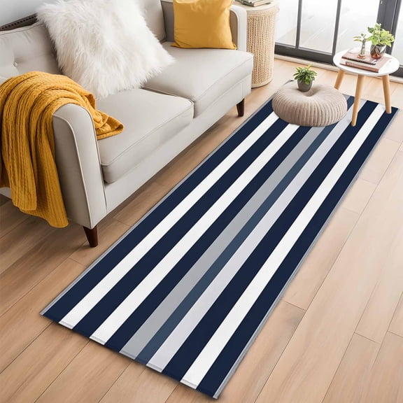 Area Rug 2x6ft Black White Blue Grey Horizontal Stripes Area Rugs Washable Low Pile Floor Carpet for Bedroom, Classic Pattern Non Slip Soft Rugs for Living Room Entryway Dining Room