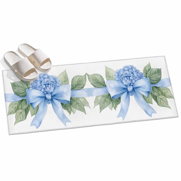 Area Rug 2x6ft Blue Bow Hydrangea Area Rugs for Kitchen Runner Rug Flower Leaf Non Slip Floor Carpet Mat for Kitchen Entryway Bathroom Office Home Decor