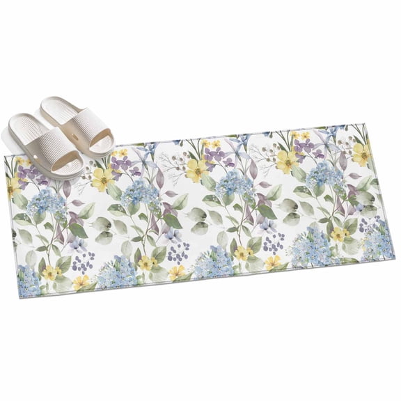 Area Rug 2x6ft Blue Hydrangea Leaves Area Rugs for Kitchen Runner Rug Yellow Wildflowers Non Slip Floor Carpet Mat for Kitchen Entryway Bathroom Office Home Decor