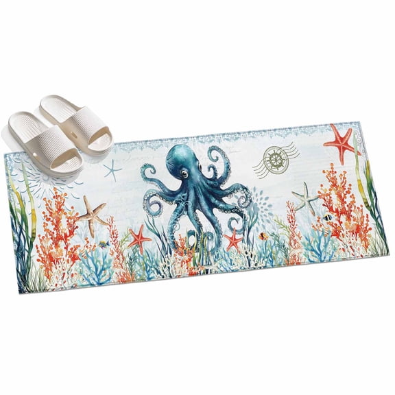 Area Rug 2x6ft Blue Octopus Coral Seagrass Area Rugs for Kitchen Runner Rug Fish Ocean Non Slip Floor Carpet Mat for Kitchen Entryway Bathroom Office Home Decor