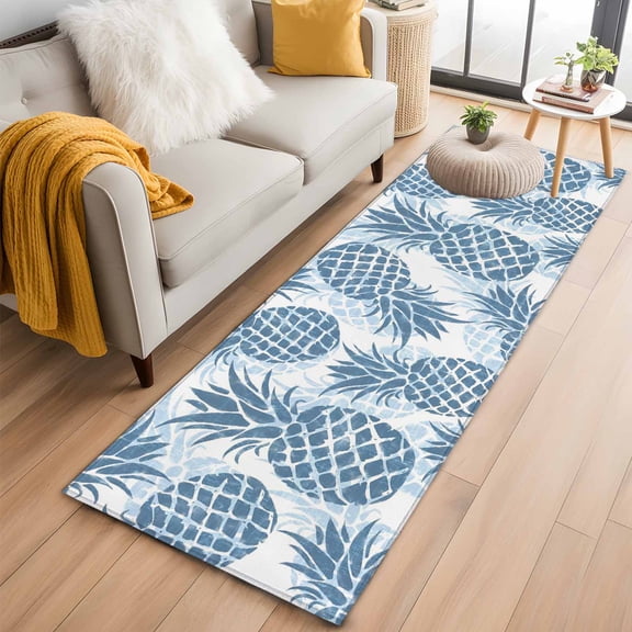 Area Rug 2x6ft Blue Pineapple Carpets Indoor Floor Area Mat Washable Entrance Mat Rugs for Living Room Dining Room Kitchen Bedroom, Summer Tropical Fruit Leaves Sofa Throw Carpet