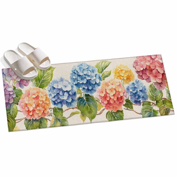 Area Rug 2x6ft Blue Pink Hydrangea Area Rugs for Kitchen Runner Rug Linen Background Non Slip Floor Carpet Mat for Kitchen Entryway Bathroom Office Home Decor