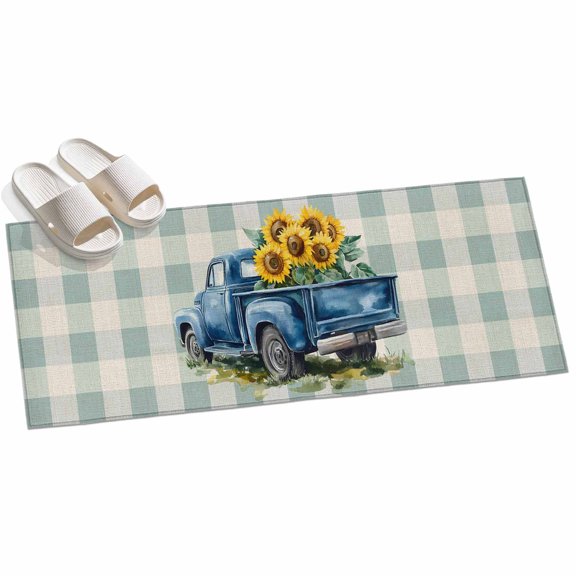 Area Rug 2x6ft Blue Truck Yellow Sunflowers Area Rugs for Kitchen Runner Rug Blue Check Non Slip Floor Carpet Mat for Kitchen Entryway Bathroom Office Home Decor