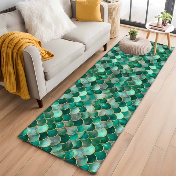 Area Rug 2x6ft Bohemian Emerald Green Fish Scales Area Rugs Washable Low Pile Floor Carpet for Bedroom, Retro Abstract Non Slip Soft Rugs for Living Room Entryway Dining Room