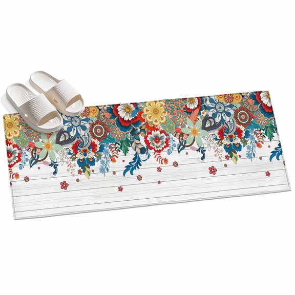 Area Rug 2x6ft Bohemian Flowers Area Rugs for Kitchen Runner Rug Abstract Blue Yellow Floral Wood Grain Non Slip Floor Carpet Mat for Kitchen Entryway Bathroom Office Home Decor