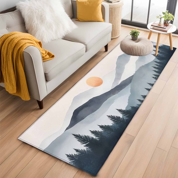 Area Rug 2x6ft Boho Sun Mountains Forest Shadow Area Rugs Washable Low Pile Floor Carpet for Bedroom, Abstract Geometric Non Slip Soft Rugs for Living Room Entryway Dining Room