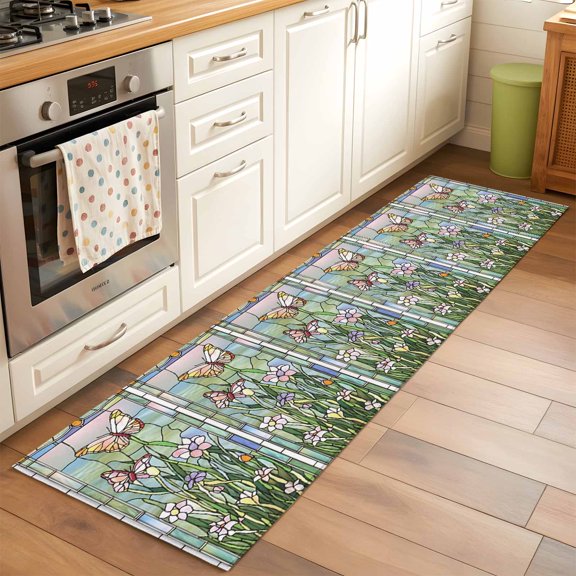 Area Rug 2x6ft Butterfly Washable Area Rugs for Living Room Green Leaves Floral Glass Non-Slip Kitchen Mats Soft Carpet for Entryway, Bathroom, Office, and Home Decor