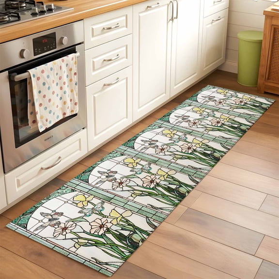Area Rug 2x6ft Butterfly Washable Area Rugs for Living Room Teal Green Leaves Floral Non-Slip Kitchen Mats Soft Carpet for Entryway, Bathroom, Office, and Home Decor