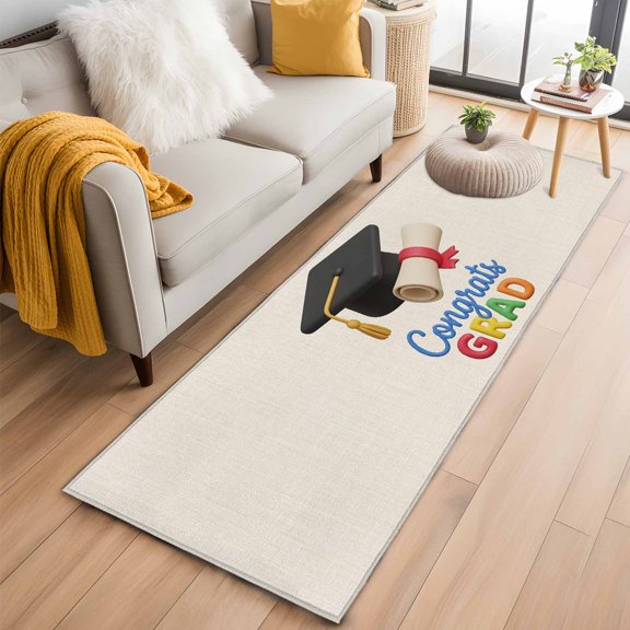 Area Rug 2x6ft Cartoon Bachelor's Hat on Beige Area Rugs Washable Low Pile Floor Carpet for Bedroom, Congrats Grad Quote Non Slip Soft Rugs for Living Room Entryway Dining Room