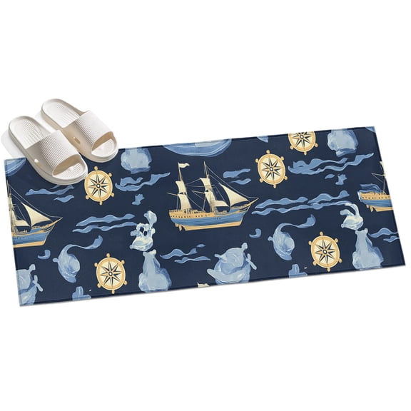 Area Rug 2x6ft Cartoon Sailboat Rudder Area Rugs for Kitchen Runner Rug Wave Blue Non Slip Floor Carpet Mat for Kitchen Entryway Bathroom Office Home Decor