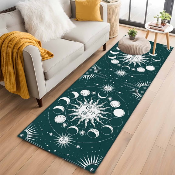 Area Rug 2x6ft Celestial Sun and Moon Carpets Indoor Floor Area Mat Washable Entrance Mat Rugs for Living Room Dining Room Kitchen Bedroom, Green Starry Galaxy Boho Sofa Throw Carpet