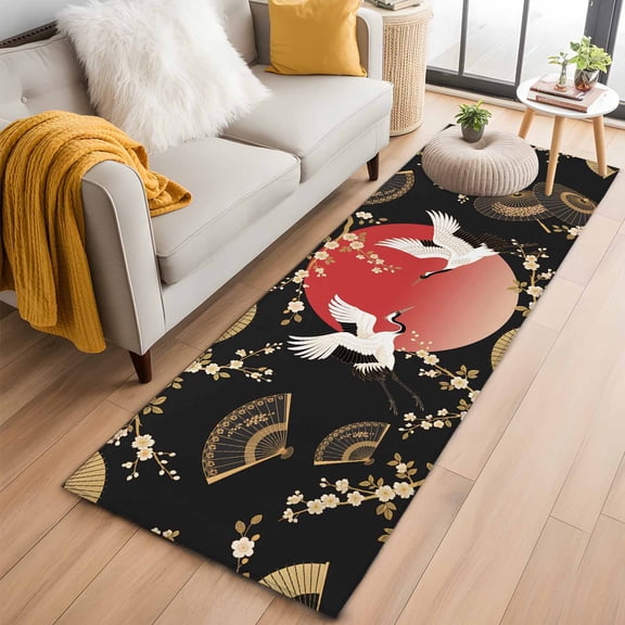 Area Rug 2x6ft Cherry Blossom Crane Carpets Indoor Floor Area Mat Washable Entrance Mat Rugs for Living Room Dining Room Kitchen Bedroom, Paper Fan Japanese Style Sofa Throw Carpet