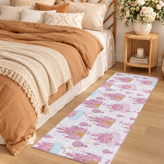 Area Rug 2x6ft Children's Day Pink Dream Castle Balloons Low Pile ...
