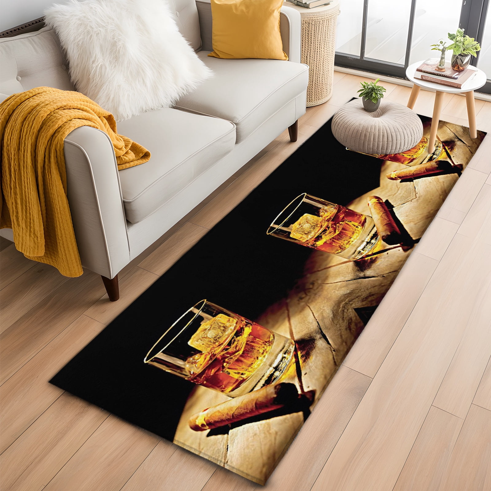 Area Rug 2x6ft Cigarettes Whiskies Alcoholic Cognac Area Rugs Washable Low Pile Floor Carpet for Bedroom, Farm Wood Grain Non Slip Soft Rugs for