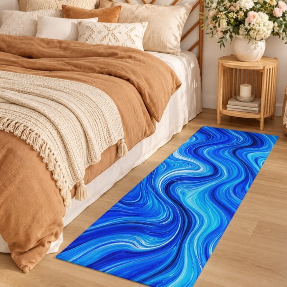 Area Rug 2x6ft Cobalt Blue Swirling Waves Low Pile Washable Rug Soft ...