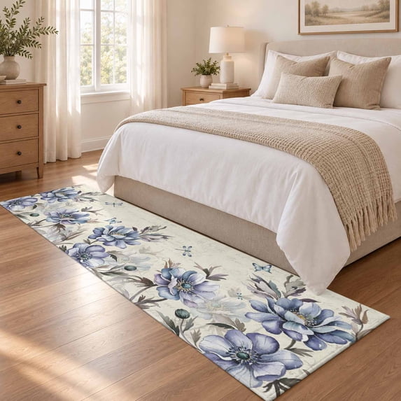 Area Rug 2x6ft Country Blue Flower Farm Floral Plant Low Pile Washable ...