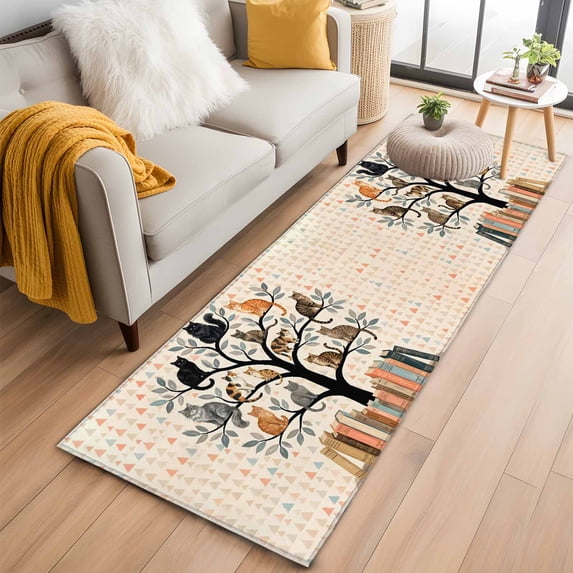 Area Rug 2x6ft Cute Cats on Tree Books Area Rugs Washable Low Pile ...