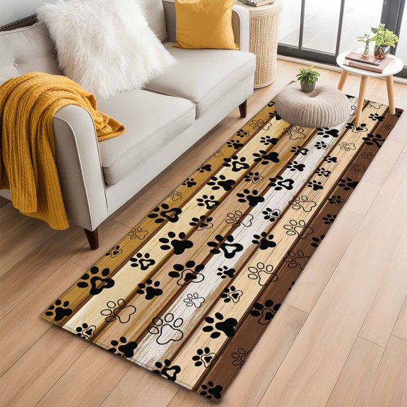 Area Rug 2x6ft Cute Dog Paw Print Farm Wood Board Area Rugs Washable Low Pile Floor Carpet for Bedroom, Pet Footprint Shadow Non Slip Soft Rugs for Living Room Entryway Dining Room
