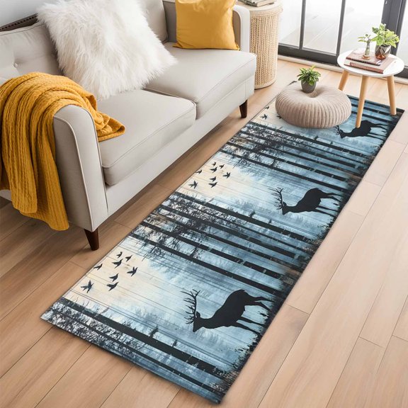 Area Rug 2x6ft Elk Forest Jungle Animal Shadow Area Rugs Washable Low Pile Floor Carpet for Bedroom, Nature Landscapes Non Slip Soft Rugs for Living Room Entryway Dining Room