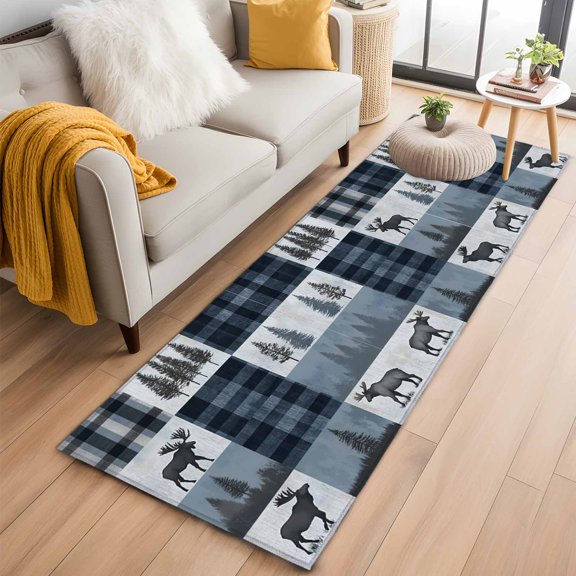 Area Rug 2x6ft Farmhouse Deer Forest Tree Area Rugs Washable Low Pile Floor Carpet for Bedroom, Abstract Geometric Buffalo Plaid Non Slip Soft Rugs for Living Room Entryway Dining Room