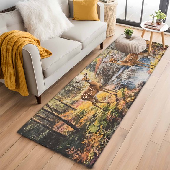 Area Rug 2x6ft Farmhouse Deer Plant River Area Rugs Washable Low Pile Floor Carpet for Bedroom, Forest Botanical Animal Theme Non Slip Soft Rugs for Living Room Entryway Dining Room