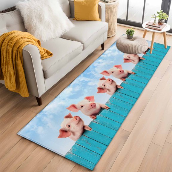 Area Rug 2x6ft Farmhouse Pig Wood Board Area Rugs Washable Low Pile Floor Carpet for Bedroom, Farm Animal Blue Sky White Cloud Non Slip Soft Rugs for Living Room Entryway Dining Room