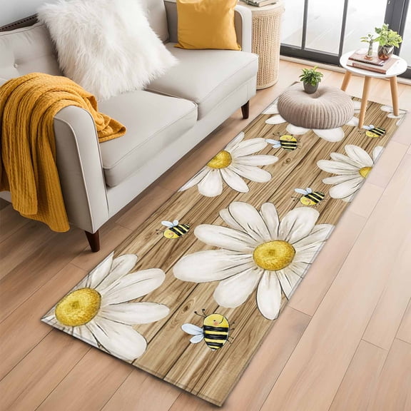 Area Rug 2x6ft Farmhouse White Daisy Bee Area Rugs Washable Low Pile Floor Carpet for Bedroom, Summer Flower Brown Wooden Plank Non Slip Soft Rugs for Living Room Entryway Dining Room