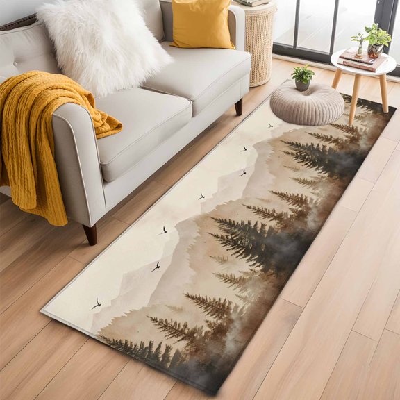 Area Rug 2x6ft Foggy Mountain Forest Tree Bird Area Rugs Washable Low Pile Floor Carpet for Bedroom, Retro Natural Scenic Theme Non Slip Soft Rugs for Living Room Entryway Dining Room