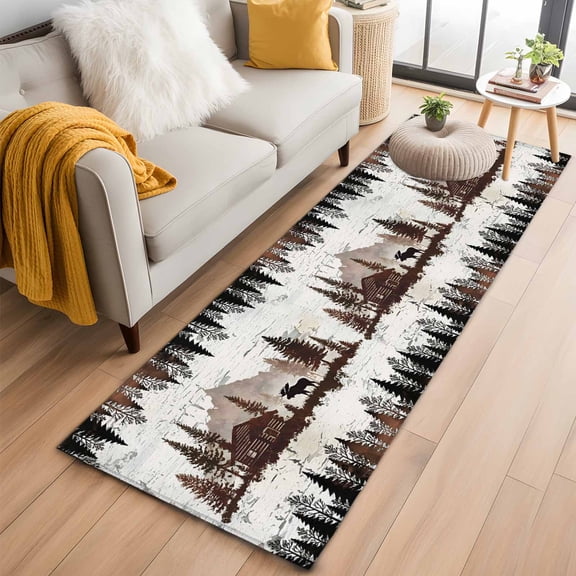 Area Rug 2x6ft Forest Moose Carpets Indoor Floor Area Mat Washable Entrance Mat Rugs for Living Room Dining Room Kitchen Bedroom, Log Cabin Animal Pine Tree Woodland Sofa Throw Carpet