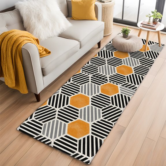 Area Rug 2x6ft Geometric Orange Black Hexagon Area Rugs Washable Low Pile Floor Carpet for Bedroom, Modern Abstract Stripe Art Non Slip Soft Rugs for Living Room Entryway Dining Room