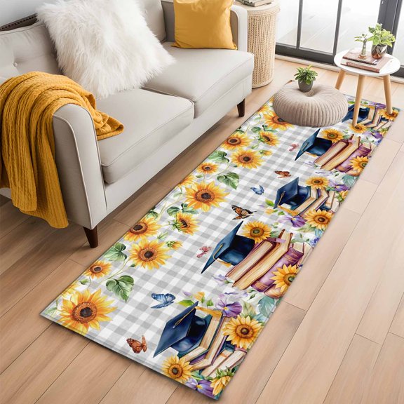Area Rug 2x6ft Graduation Cap Farm Sunflowers Area Rugs Washable Low Pile Floor Carpet for Bedroom, Butterfly on Gray Plaid Non Slip Soft Rugs for Living Room Entryway Dining Room