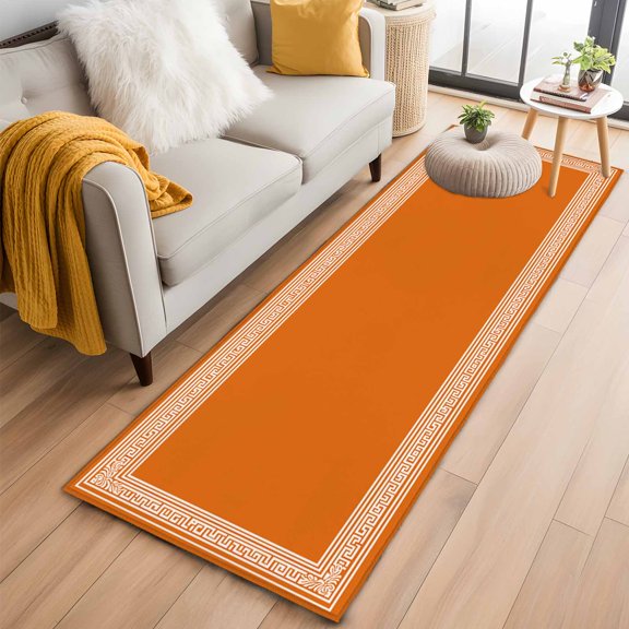 Area Rug 2x6ft Greece Geometric Key Design Area Rugs Washable Low Pile Floor Carpet for Bedroom, Abstract Stripe Art on Orange Non Slip Soft Rugs for Living Room Entryway Dining Room