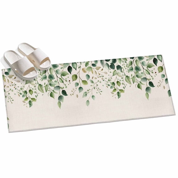 Area Rug 2x6ft Green Eucalyptus Leaf Area Rugs for Kitchen Runner Rug Linen Sole Non Slip Floor Carpet Mat for Kitchen Entryway Bathroom Office Home Decor