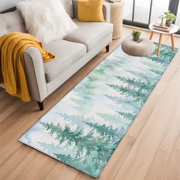 Area Rug 2x6ft Green Misty Pines Area Rugs Washable Low Pile Floor Carpet for Bedroom, Watercolor Country Plants Pattern Non Slip Soft Rugs for Living Room Entryway Dining Room