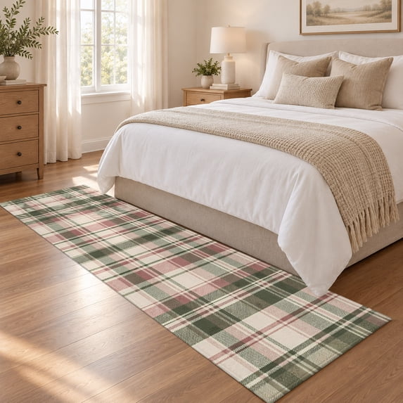 Area Rug 2x6ft Green Tartan Farm Plaid Low Pile Washable Rug Soft ...