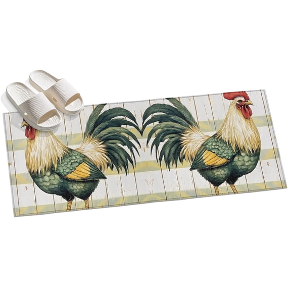 Area Rug 2x6ft Green White Rooster Area Rugs for Kitchen Runner Rug Retro Wood Grain Non Slip Floor Carpet Mat for Kitchen Entryway Bathroom Office Home Decor
