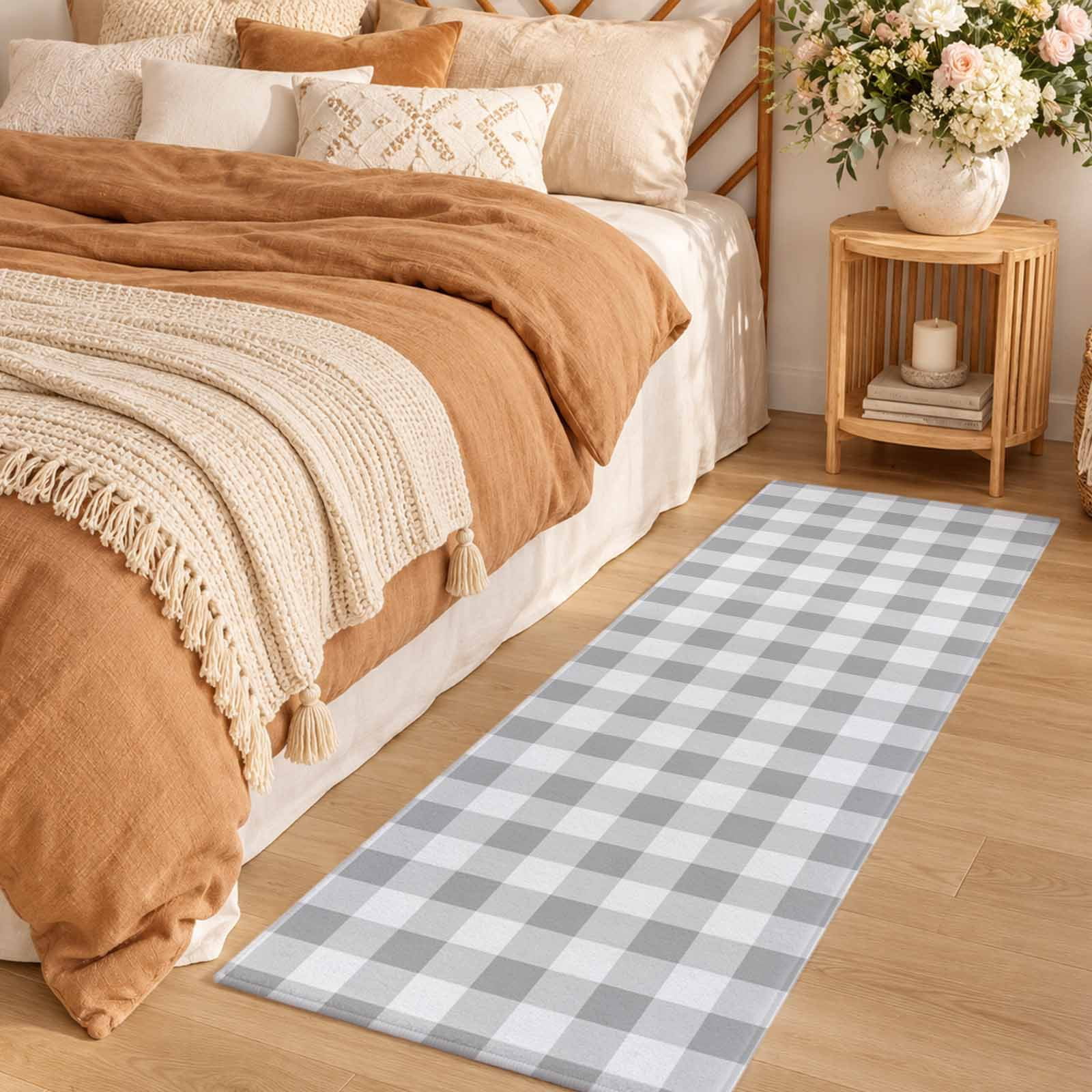Area Rug 2x6ft Grey White Square Plaid Low Pile Washable Rug Soft ...