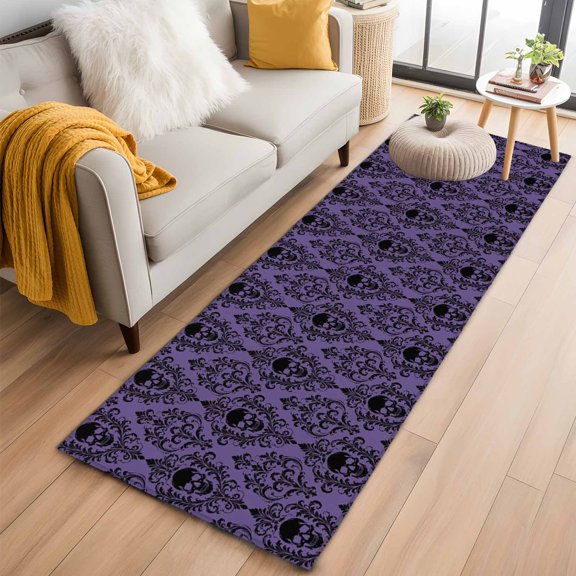 Area Rug 2x6ft Halloween Skull Damask Flower Area Rugs Washable Low Pile Floor Carpet for Bedroom, Scary Skeleton Purple Non Slip Soft Rugs for Living Room Entryway Dining Room