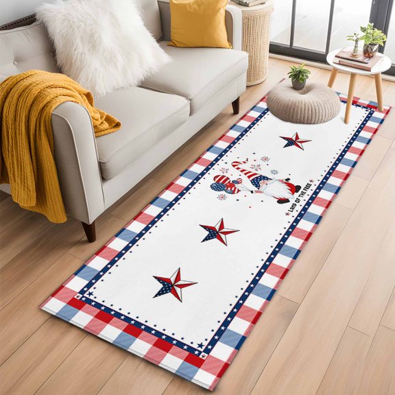 Area Rug 2x6ft Happy Independence Day Area Rugs Washable Low Pile Floor Carpet for Bedroom, USA Flag Balloon with Gnome Non Slip Soft Rugs for Living Room Entryway Dining Room