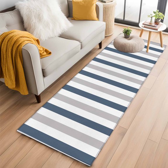 Area Rug 2x6ft Haze Blue Grey Stripes Carpets Indoor Floor Area Mat Washable Entrance Mat Rugs for Living Room Dining Room Kitchen Bedroom, Contrast Striped Sofa Throw Carpet